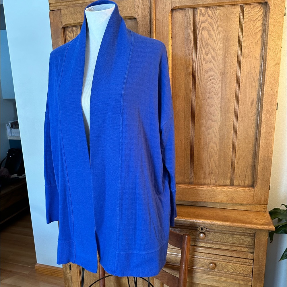 Liz Claiborne Blue Open Front Cardigan weekend royal blue stripes long cozy sz L - Picture 5 of 15
